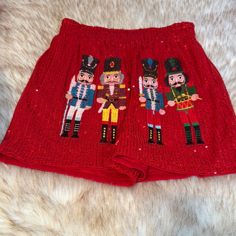 Festive Red Nutcracker Embroidered High Waist Shorts
